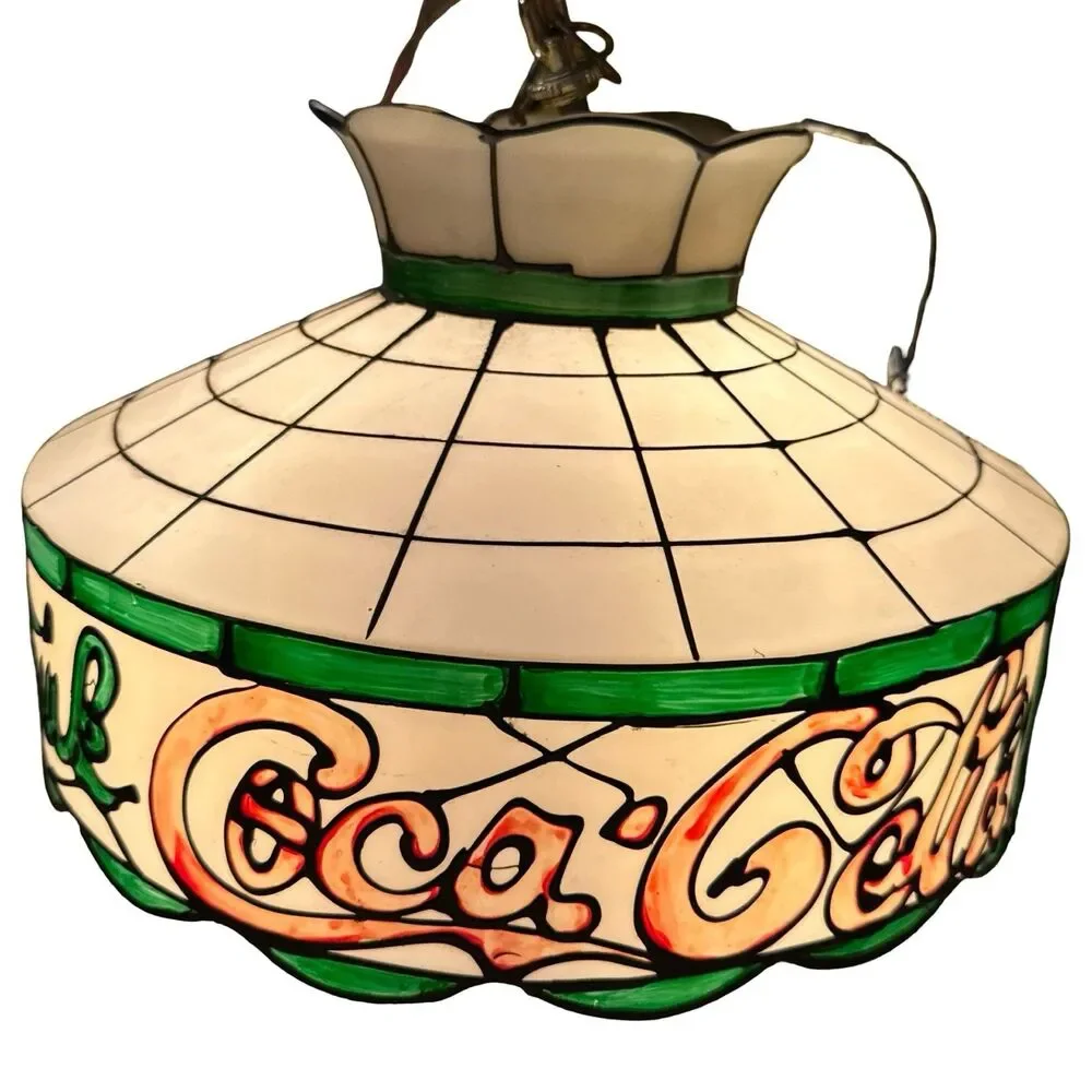 Vtg Faux Stained Glass‎ Tiffany Hanging Ceiling Light Lamp Shade Coca Cola 17”